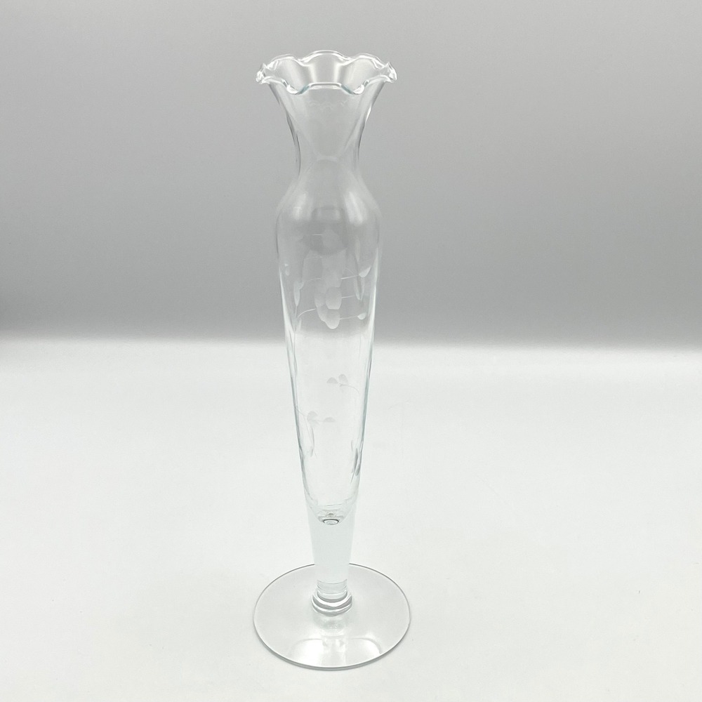 Princess House Heritage 10" Crystal Bud‎ Vase Etched Floral Ruffled Rim Vintage